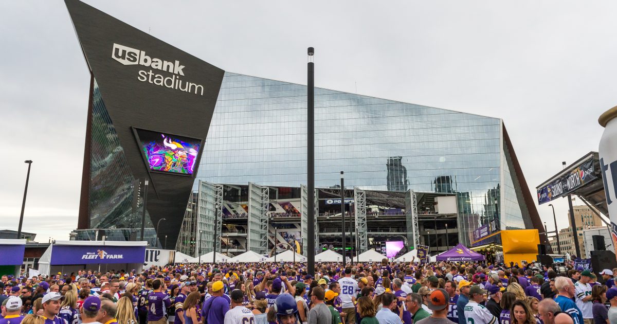 Fans gather at U.S. Bank Stadium in Minneapolis for Vikings season